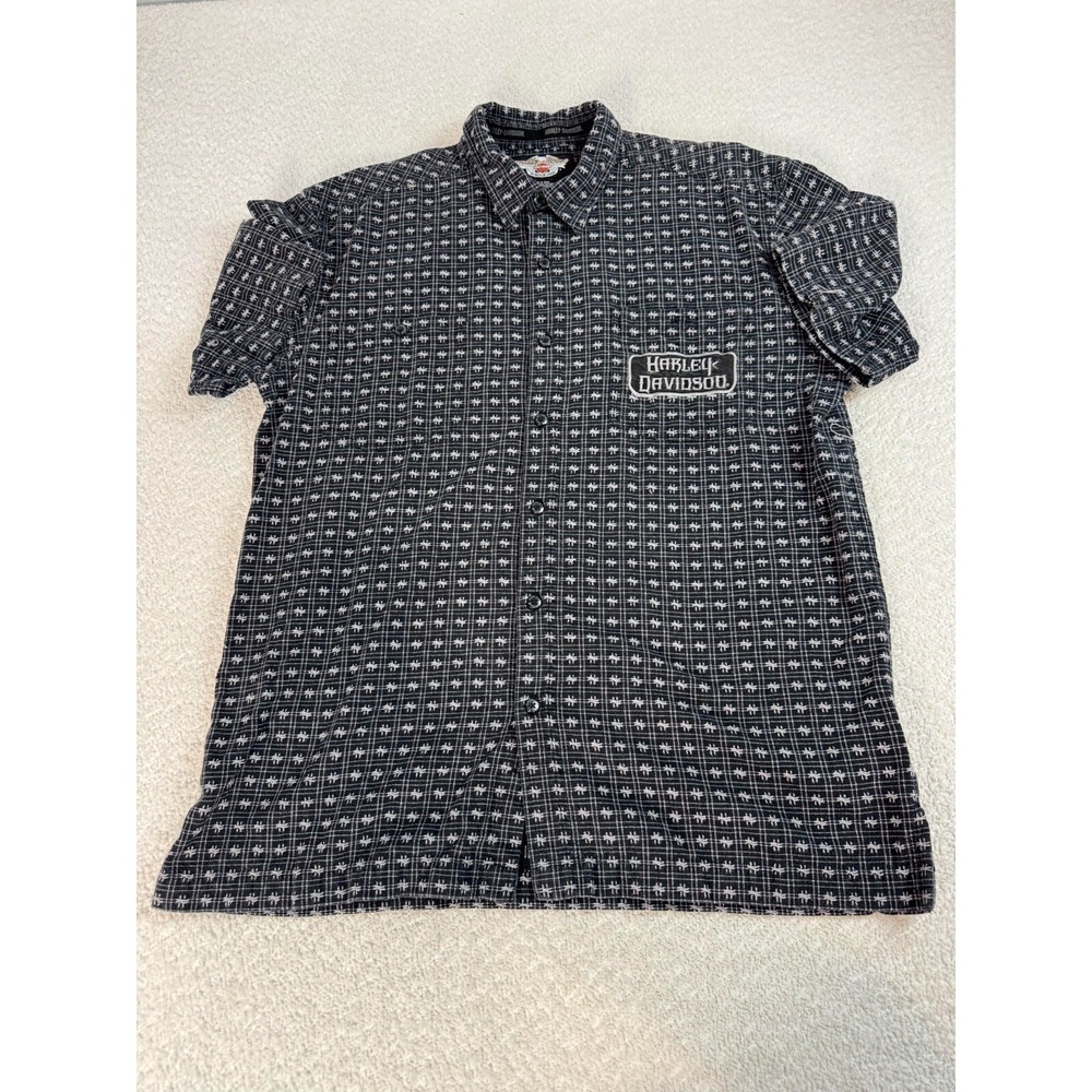 Harley Davidson Mens Button Up Logo Shirt Geometric Short‎ Sleeve Black Large